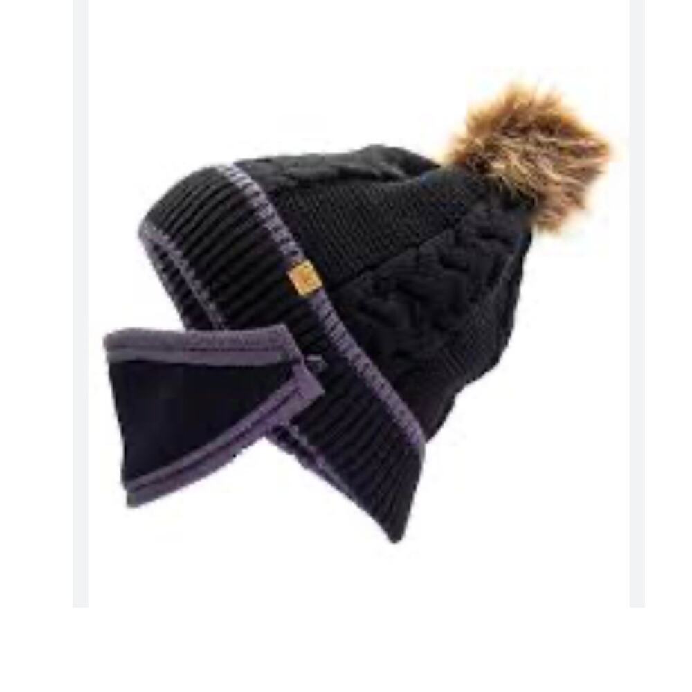 NWT Chillmeister Fur Ball Winter Beanie w/ Matching Face Mask Set – Black/Gray